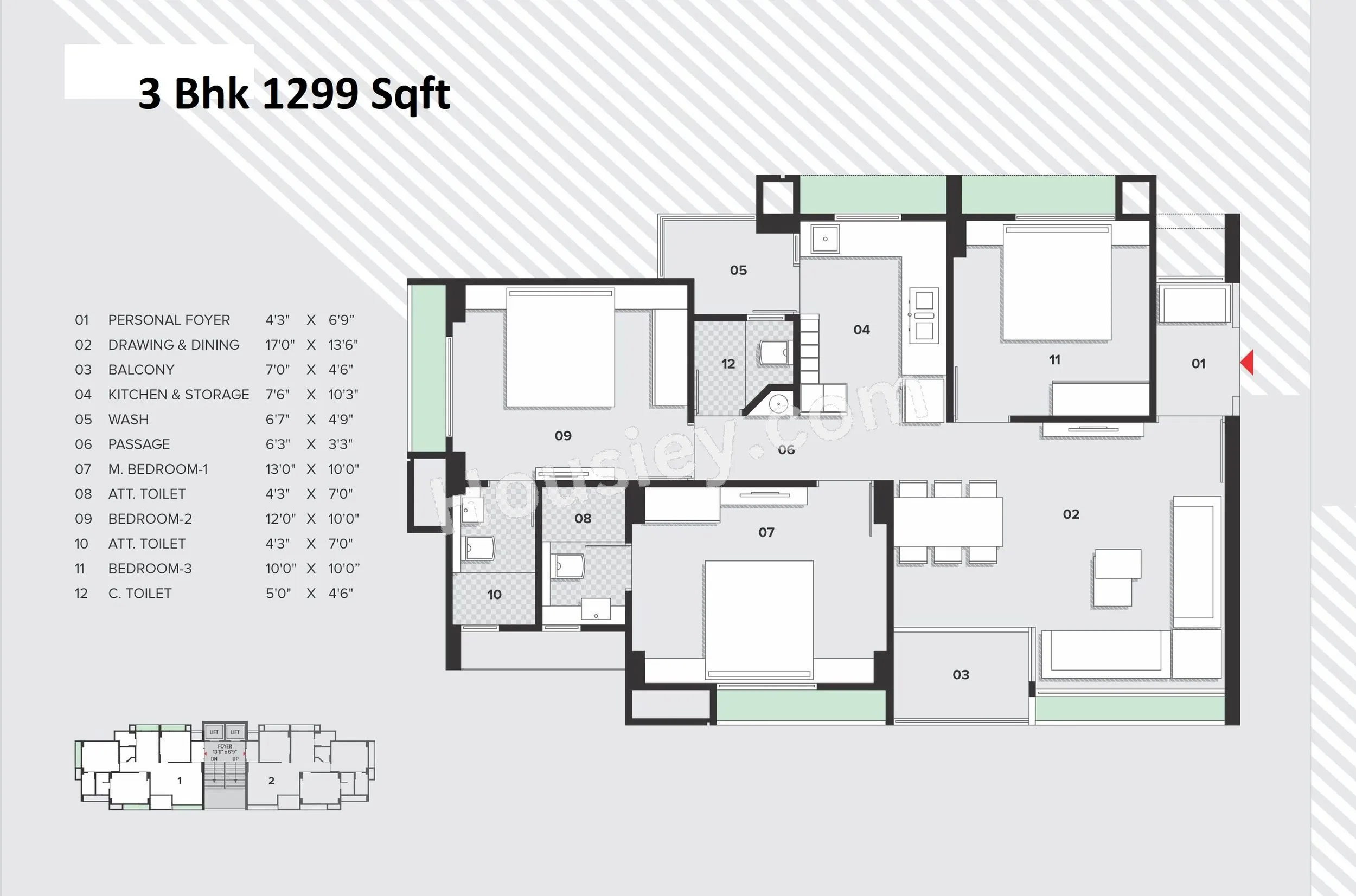 Aaryan Ambience Unit plan - 909 sq.ft.